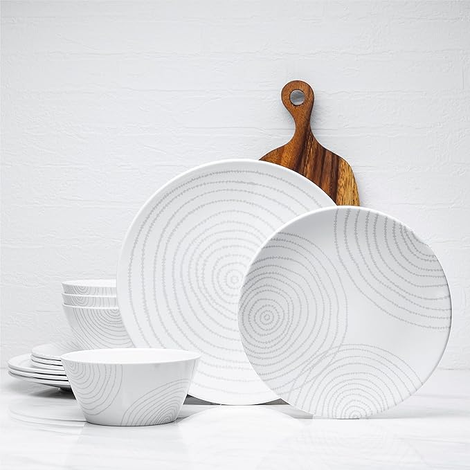 BZYOO BPA-Free Dishwasher Safe 100% Melamine Plastic Plate &amp Bowl Set Casual dining Indoor and Outdoor Dining Party (12 PCS Dinnerware set Service for 4 white planet)