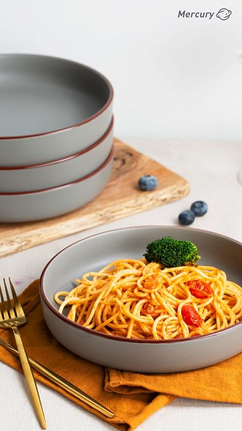 Famiware Venus Dinnerware Sets and Mercury Pasta Bowls Set and Mercury Coffee Mugs Set of 4 20 Pieces Plates and Bowls Sets Microwave and Dishwasher Safe Dark Grey