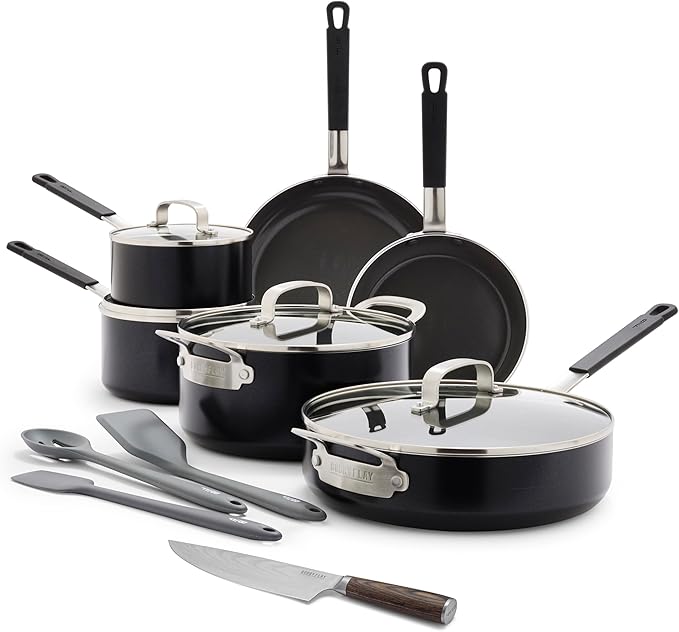 GreenPan x Bobby Flay 13 Piece Cookware Pots and Pans Set and 8 Chef's Knife. PFAS &amp PFOA-Free Ceramic Nonstick Induction Suitable Stay-Cool Silicone Handle Dishwasher &amp Oven Safe Black