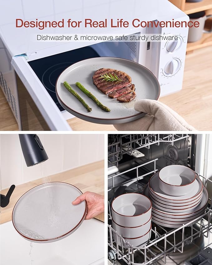 Famiware Nebula Ridge Stoneware Dinnerware Sets Plates and Bowls Sets for 4 12 Pieces Dishes Set Microwave and Dishwasher Safe Kitchen Plates Light Gray