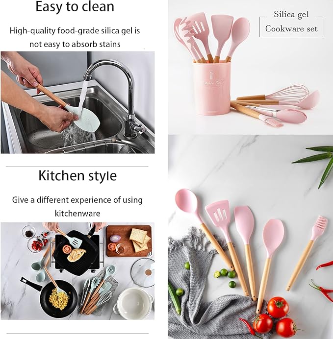 34 Pieces Silicone Cookware Set Wooden Handle Heat Resistant Kitchen Gadgets Non-Stick Cookware Cooking Tools Storage Bucket (pink)