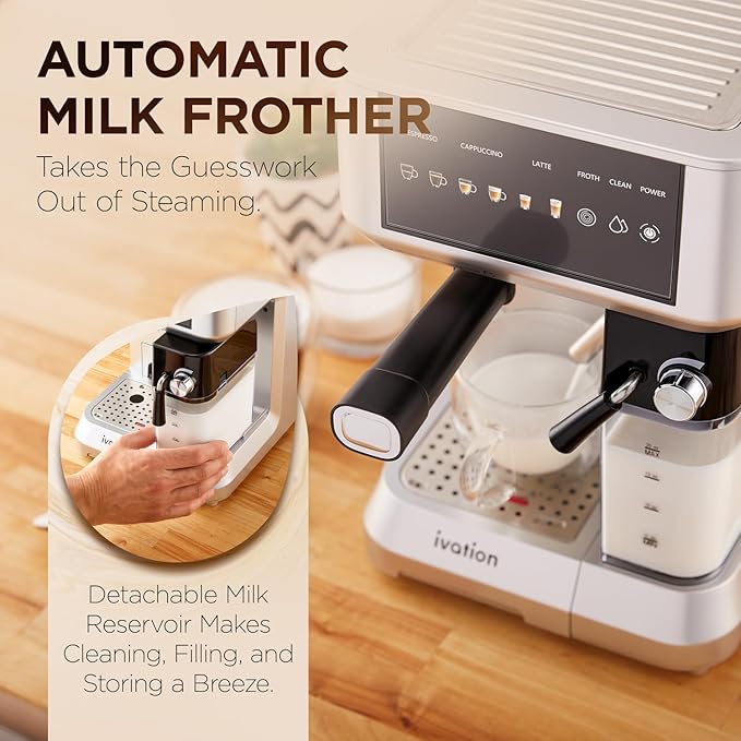 Ivation Espresso &amp Cappuccino Maker w/Milk Frother | 58mm | Coffee Machine for Home | Single &amp Double Shots | Espresso Cappuccino Latte &amp Froth | Auto-Clean &amp Descale - Detachable M