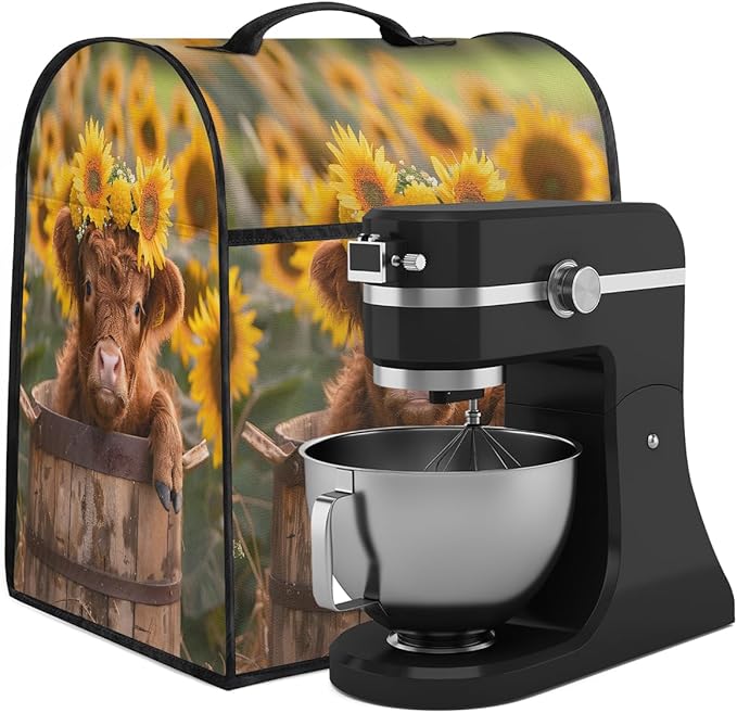 Kitchen Aid Mixer Cover Sunflowers Cute Highland Cow Stand Mixer Cover Compatible with 6-8 Quarts Stand Mixers Dust Covers with Zipper Pocket Foldable Washable Kitchen Aid Organizer Bag