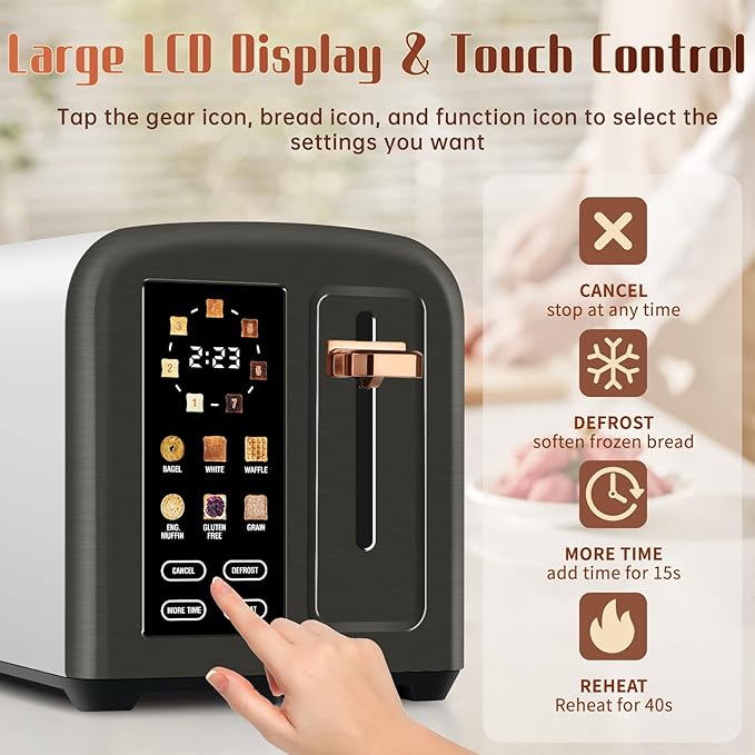 SEEDEEM Toaster 2 Slice with Touch Screen Faster Heating Speed 7 Shade Setting 6 Bread Type 1.5”Wide Slots Toaster Removable Crumb Tray 1350W Dark Metallic