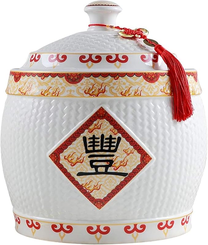 Chinese Ceramic Rice Bucket Large Grain Dispenser Food Storage Container with Lid Sealed Rice Storage Jar for Noodles Rice Snacks(30x36cm(12x14inch) F)