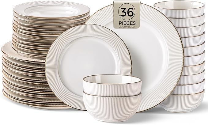GBHOME Ceramic Dinnerware Sets 36 pcs Embossed Elegant Stoneware Plates and Bowls Sets Housewarming Wedding Gift | Dishwasher &amp Microwave Safe | Dishes Set Service for 12