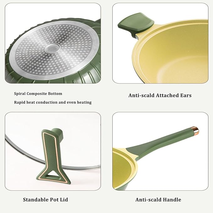 Pan Sets with Lid &amp Ladle Cooking Pots Nonstick Saucepans Cookware Set Small Kitchen Pot Induction Comptable Easy to Clean PFOA Free (Green)