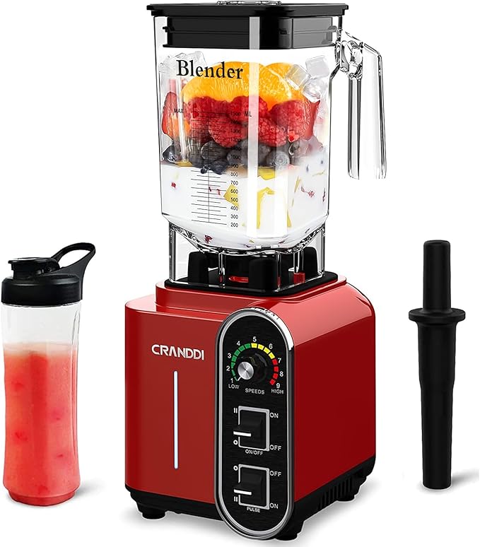 CRANDDI Smoothie Blender 52oz 1800 Watt commercial blender professional blenders Stainless Steel Blade 9 Speed &amp Self-Cleaning Build-in Pulse K98C Red