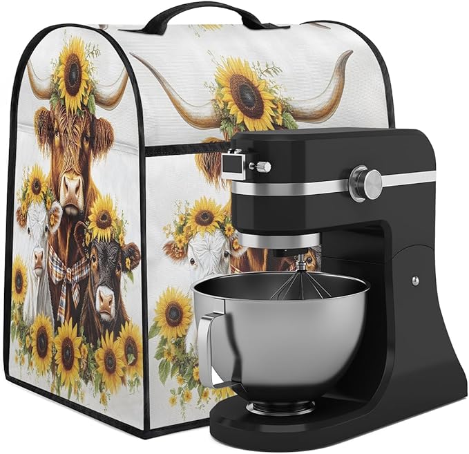 Kitchen Aid Mixer Cover Sunflower Cute Highland Cows Stand Mixer Cover Compatible with 6-8 Quarts Stand Mixers Dust Covers with Zipper Pocket Foldable Washable Kitchen Aid Organizer Bag