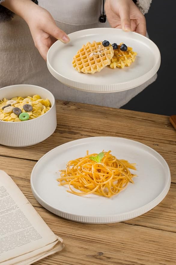 Famiware Dinnerware Set for 4 (12 Piece) and 12oz Mug Set and 3oz Espresso Cups and Saucers Set- Star Stoneware Dishes - Matte White