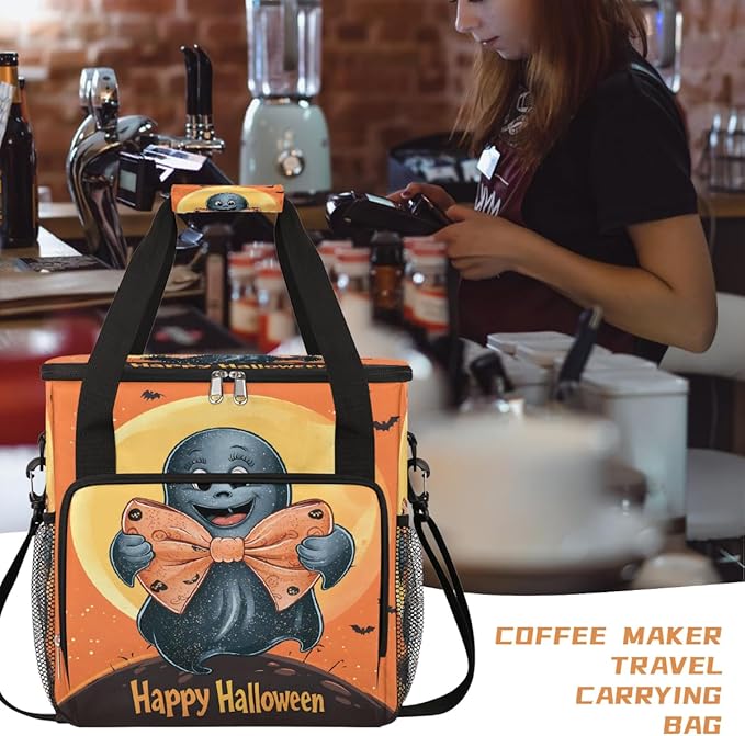 Halloween Ghost Moon Bow Coffee Maker Carring Bag Travel Carrying Storage Tote Bag Compatible with Keurig K-Mini or K-Mini Plus Portable Single Serve Coffee Brewer Case with Pockets for K-cup Pods