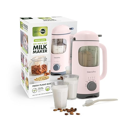 GreenPan Nut Milk Maker 15-in-1 Homemade Soy Almond Oat Coconut Non-Dairy Rice Soup Baby Food BPA-Free Smooth Creamy Texture Self Clean Barista Quality Milk Delay Start Boil Water Pink