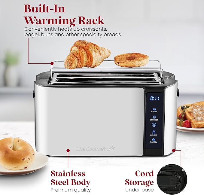 Elite Gourmet ECT5322 Long Slot 4 Slice Toaster Countdown Timer Bagel Function 6 Toast Setting Defrost Cancel Function Built-in Warming Rack Extra Wide Slots for Bagels Waffles Stainless Steel