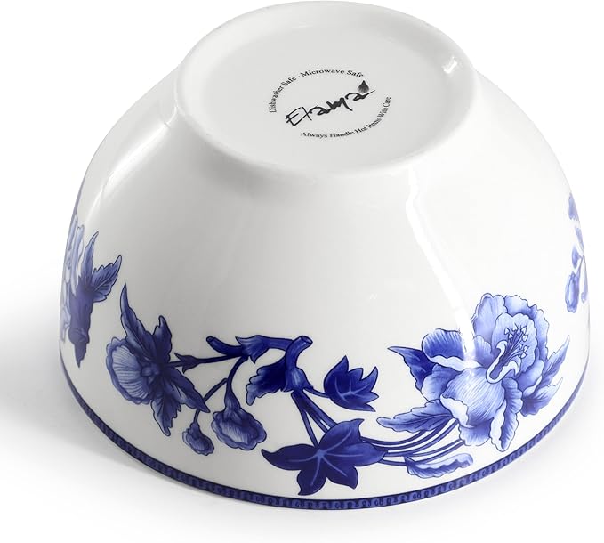 Elama Cattleya Orchid Design 16 Piece Round Porcelain Dinnerware Set in Blue and White Tableware Set Service for 4