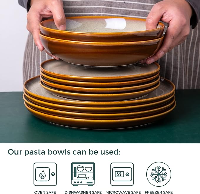 Ceramic Dinnerware Sets30-Piece Plates and BowlsHandmade Reactive Glaze Dishes SetChip Resistant and Scratch Resistant | Oven Dishwasher &amp Microwave SafeService for 6-Kahki