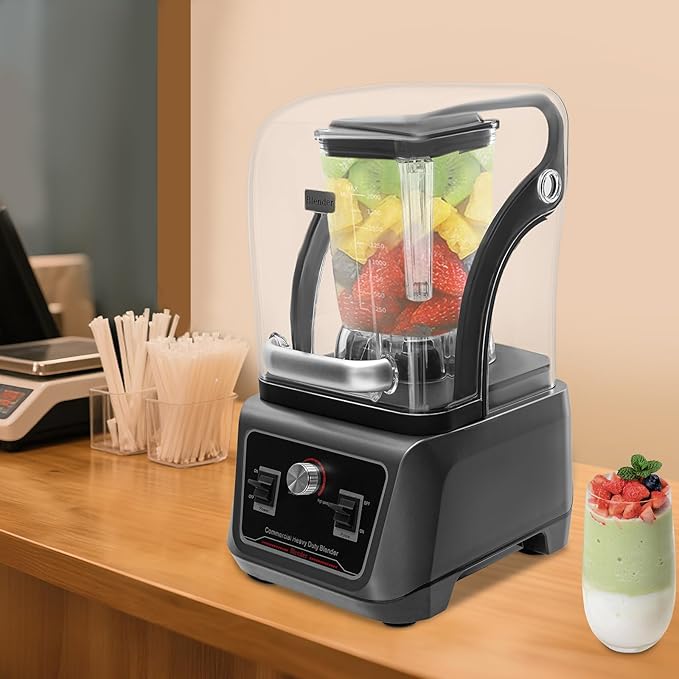Commercial Blender 23000/RPM 2200W Multifunctional Adjustable Speed Blenders Stainless Steel Blenders Large Capacity Blending Machine w/Soundproof Shield for Homes Restaurants Cafes