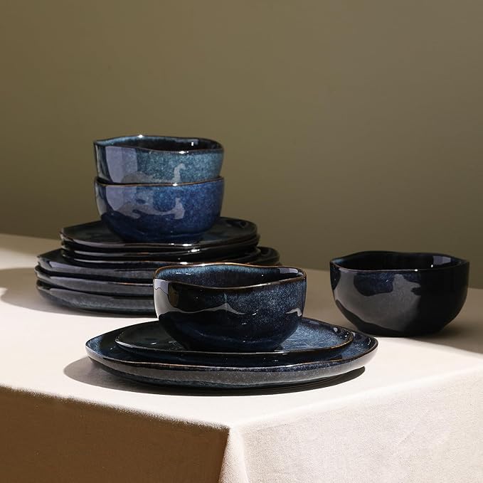 Stone Lain Mirella 24-Piece Stoneware Dinnerware Set Service for 8 – Reactive Glaze Deep Blue – Includes Dinner Plates Salad Plates and Bowls – Modern Organic Design