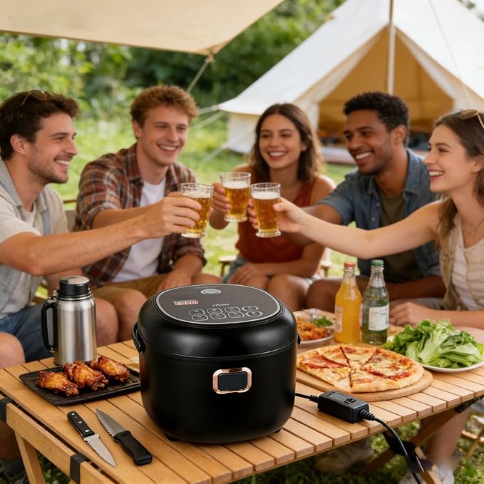Mini Rice Cooker 2L Electric Lunch Box Food Heater 12V/24V Portable Non-Stick Travel For Car Truck Small Rice Cooker with Steam Tray Cooking Heating and Keeping Warm Function(Black)