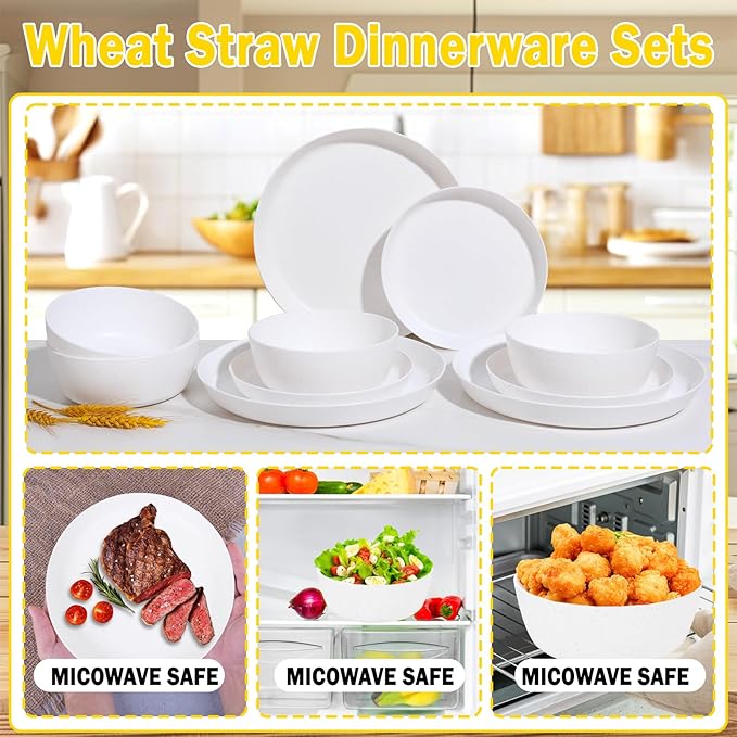 EI 12pcs White Wheat Straw PlatesWheat Straw Dinnerware SetPlates and Bowls SetsUnbreakable Plastic PlatePlastic Plates ReusableDinner Plates Set of 4Plastic Dishes Set