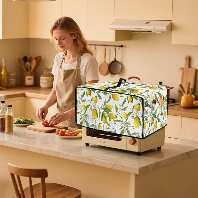 Lemon Flower Toaster Oven Cover Heavy Duty Heat-resistant Protective Case Faux Linen Polyester Protector with Handle &amp Pockets for Everyday Home Kitchens