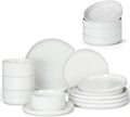 E-far 12-Piece Plates and Bowls Sets with 35oz Pasta Bowls Set of 4 Stoneware Dinnerware Dishes Sets Kitchen Modern Dining Dishware Speckled White