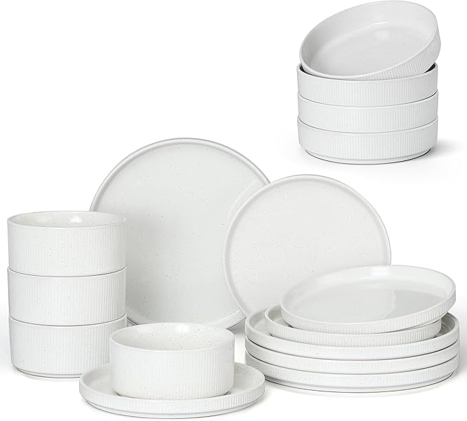 E-far 12-Piece Plates and Bowls Sets with 35oz Pasta Bowls Set of 4 Stoneware Dinnerware Dishes Sets Kitchen Modern Dining Dishware Speckled White