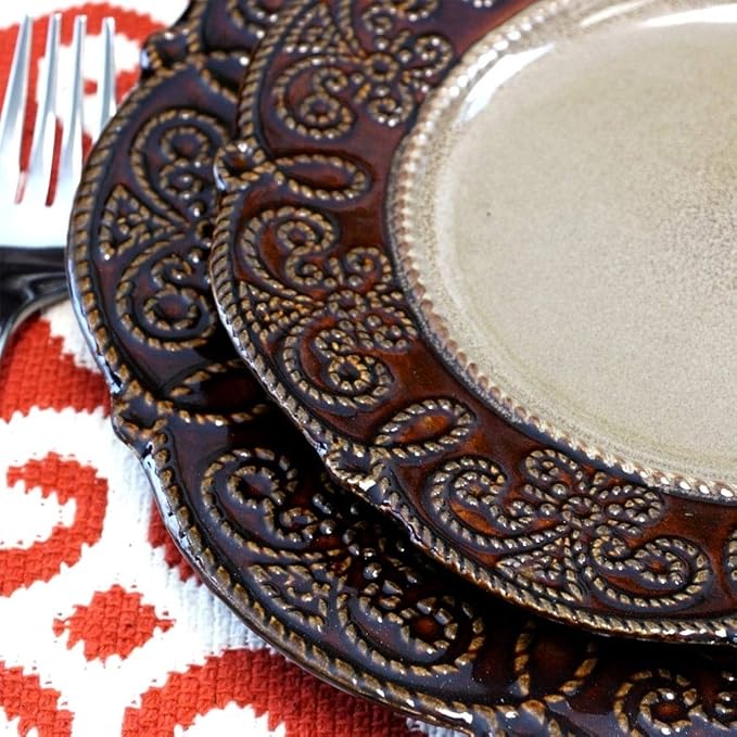 16 Piece Round Bold Textured Stoneware Dinnerware Sets Casual Cohesive Design Dishwasher Safe Brown Dish Set Break/Chip Resistant Durable Service for 4 Dinner/Salad Plates Bowls and Mugs