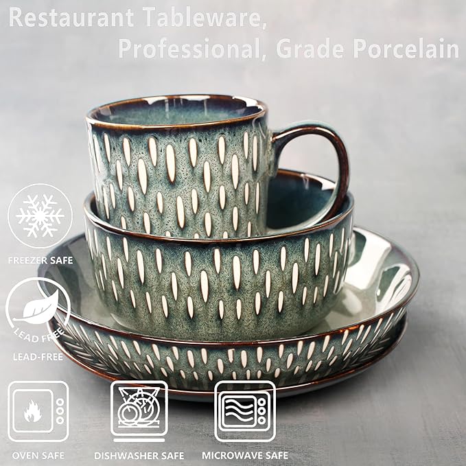 Dinnerware Sets 16 Pieces - Round Reactive Glaze Tableware - Kitchen Dinnerware Porcelain Crockery with Dinner Plate Bowl and Soup Plate Service for 4 Microwave Dishwasher Safe Set No.4