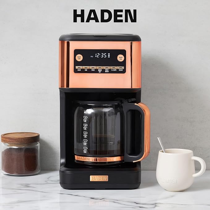 HADEN Generous Brew 14 Cup Coffee Maker with 120 Minute Keep Warm Delay Brew Adjustable Strength Programmable Clock and Anti Drip Black/Copper