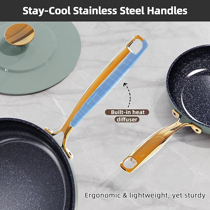 Nuwave Lux LE 13-Pc Cookware Set with Elegant Gold Handle Diamond Infused Ceramic Non-Stick PFAS Free Premium Metal Lids Ergonomic Stay-Cool Handles Induction Ready &amp Compatible w/All Cooktop
