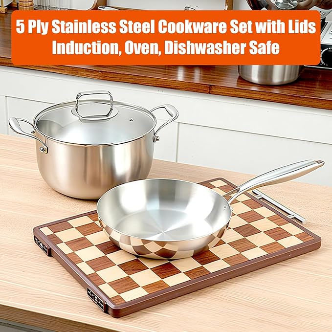 5 Ply Clad Stainless Steel 8-Piece Cookware Set with Lids Frying Pan &amp Soup Pot Wok and Milk Pot No Coating Non-Stick Kitchen Set Even Heating Frying Pans Compatible with All Cooktops11.