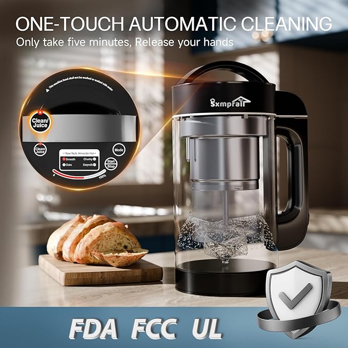 304 Stainless Steel Almond Milk Maker Machine (Built-in Filter) 50oz 6-7 Cups Per Batch 8-IN-1 Cooking Blender Make Plant Based Nut Milk Soy Oat Milk Soup &amp Juice Automatic Cleaning (Black)