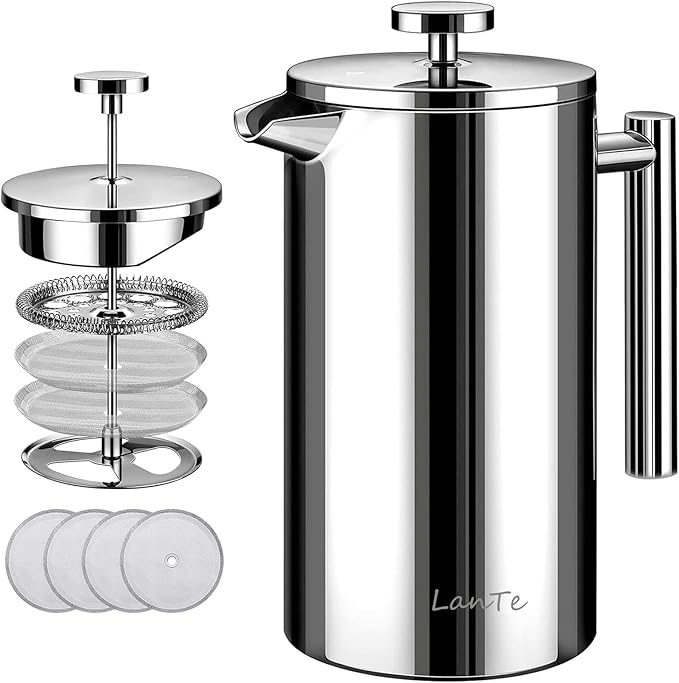 French Press Coffee Maker 1.5L Double Insulated 304 Stainless Steel Tea Maker 4 Level Filtration System No Coffee Grounds Rust-Free Dishwasher Safe 50oz Coffee Press for Family Party