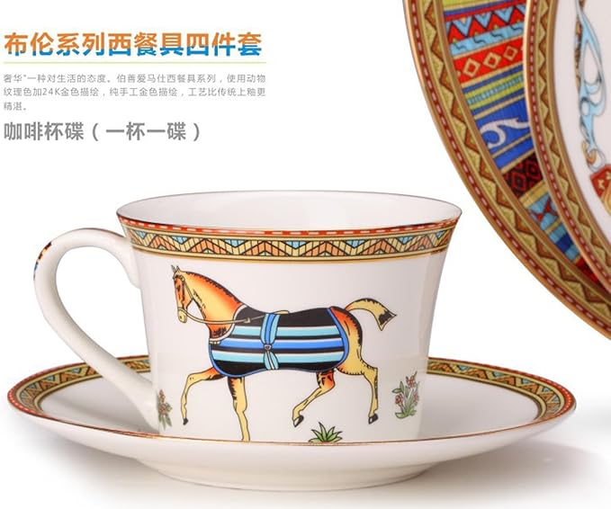 European Style Dinnerware Set Service for 2 Bone China Dinnerware Sets Unbreakable Porcelain Dinner Sets Coffee Cup and Saucer Tableware Set Steak Dinner Plates Dish Set horse-05
