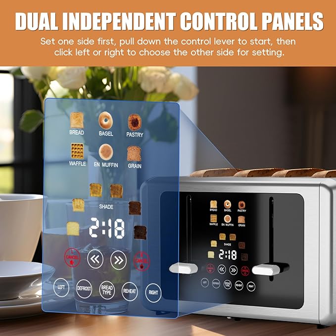 Touch screen Toaster 4 sliceSmart Digital Timer Toasters with Sound&ampScreen-Off Function 6 Bread Types &amp 6 Shade Settings 1.5''Extra Wide Slots Toast with Bagel DefrostWhite