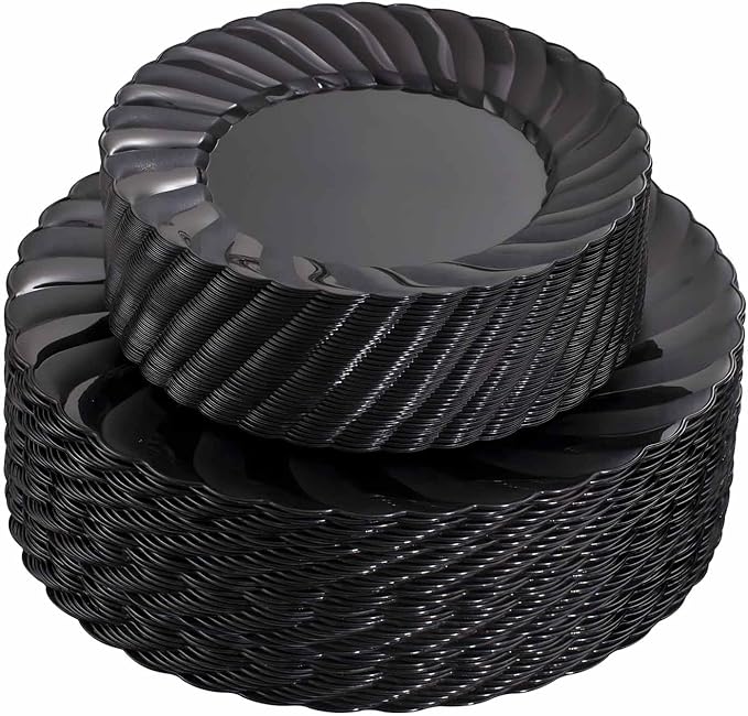 U-QE 100PCS Black Plastic Plates Heavy Duty Black Disposable Plates Including 50PCS 9inch Dinner Plates &amp 50PCS 6.5inch Dessert Plates -Hard Plastic Plates for Party Wedding Bridal Shower