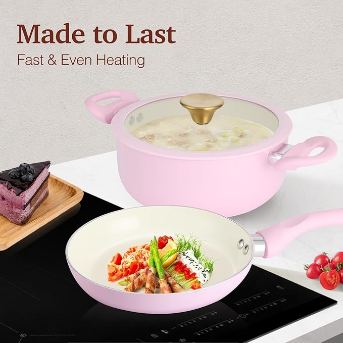 Pots and Pans Set Non Stick Pink Ceramic Cookware Set 11-Piece Induction Cookware Non Toxic Healthy Kitchen Cooking Set Gold Knobs Lids Stay-Cool Handles