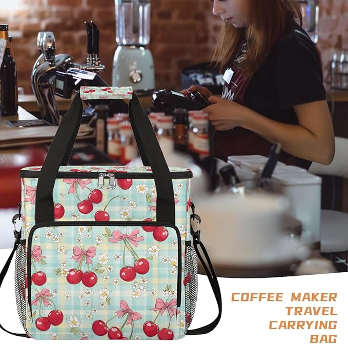 Cherries White Flowers Coffee Maker Carrying Bag Coffee Machine Travel Storage Bag Compatible with K-Mini or K-Mini Plus Portable Single Serve Coffees Brewer Case with Pockets for K-Cup Pods