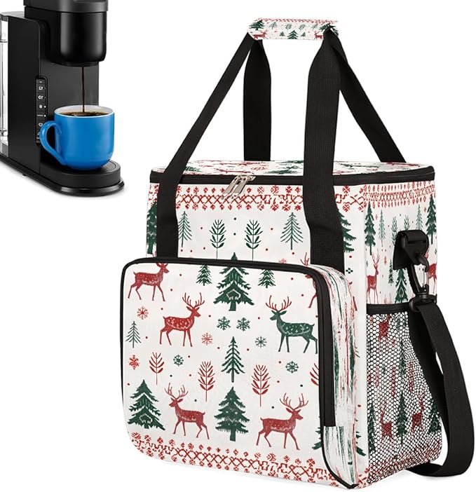 Christmas (736) Coffee Maker Carring Bag Travel Carrying Storage Tote Bag Compatible with Keurig K-Mini or K-Mini Plus Portable Single Serve Coffee Brewer Case with Pockets for K-cup Pods