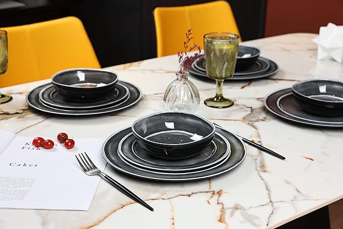 Melamine Dinnerware Sets- 12pcs Melamine Plates and Bowls Set for 4 Suitable for Indoor and Outdoor Use Black