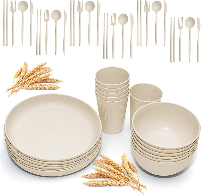 Wheat Straw Dinnerware Sets -DAPIPIK 42 Piece Unbreakable Dinnerware Sets for 6 Kitchen Plates and Bowls Set Lightweight Camping Plates Cups and Bowls Set.Dishwasher Microwave Safe Dinnerware