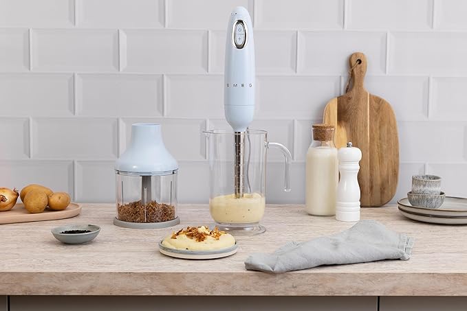 SMEG Handheld Immersion Blender with Beaker Chopping Bowl w/Lid Wire Whisk 5 Speed Controls made with Stainless Steel Blades and Ergonomic Design (Pastel Blue)
