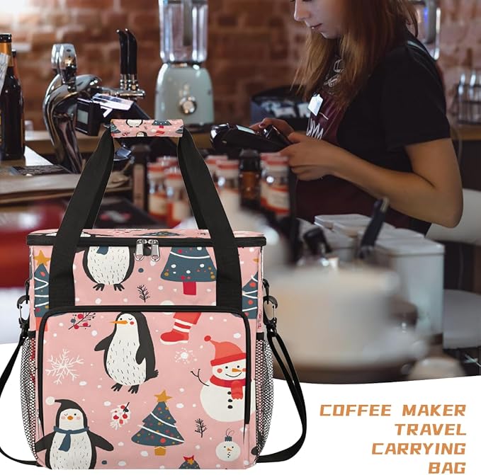 Christmas (583) Coffee Maker Carring Bag Travel Carrying Storage Tote Bag Compatible with Keurig K-Mini or K-Mini Plus Portable Single Serve Coffee Brewer Case with Pockets for K-cup Pods