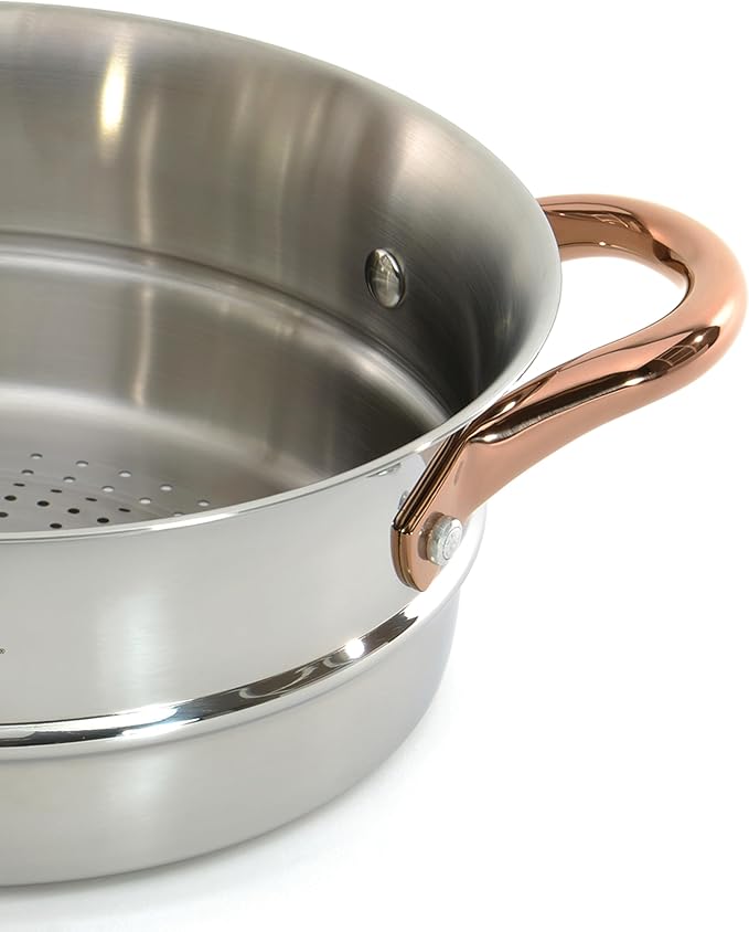 BergHOFF Ouro Gold 3Pc 18/10 Stainless Steel Steamer Set With Glass Lids Rose Gold Handle PFOA-free Induction Cooktop Ready Even Heat