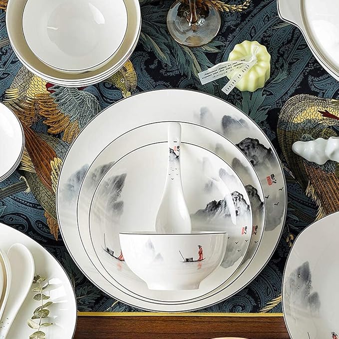 Dinnerware Sets Plates and Bowl Sets Dinnerware Set Porcelain Tableware Bone China Porcelain - White Series Ink Painting Landscape Series-Lake 56 Pieces For10