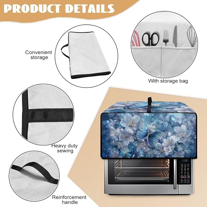 Toaster Oven Air Fryer Cover Butterfly Flower Printed Bread Maker Covers with Accessory Pockets Kitchen Small Appliance Protector Washable Machine L
