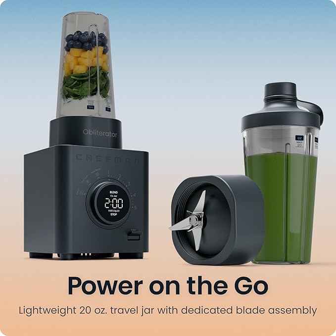 Chefman Obliterator 48 oz Countertop Blender for Smoothies 1380W Motor to Crush Ice Nuts and Frozen Fruit with Stainless Steel Blade Auto Blend Function Includes 20 oz Travel Jar