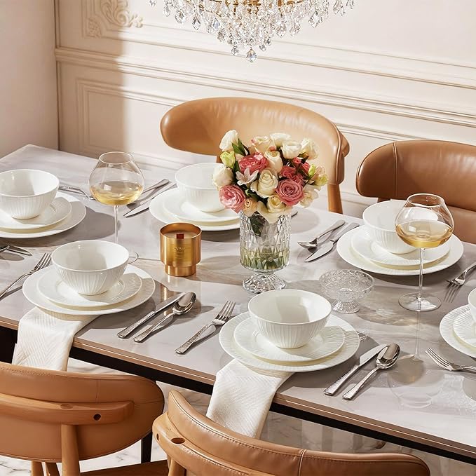 KINGSTONE Bone China Dinnerware Set 12-Piece White Lightweight Porcelain with Textured Design Service for 4 Plates Bowls for Family Dining Restaurants Gifting Microwave and Dishwasher Safe
