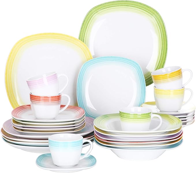 VEWEET Spark Series 30-Piece Dinner Set Ivory White China Ceramic Dinner Combi-Set with Dessert Plates/Soup Plates/Dinner Plates/Cups/Saucers Service for 6