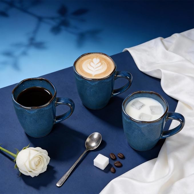 Organic Shape Highland Ceramic Mug 24pcs 12oz Handmade Reactive Glaze Stoneware Coffee Mug with Wavy Edge for Kitchen Microwave &amp Dishwasher Safe Scratch Resistant-Blue